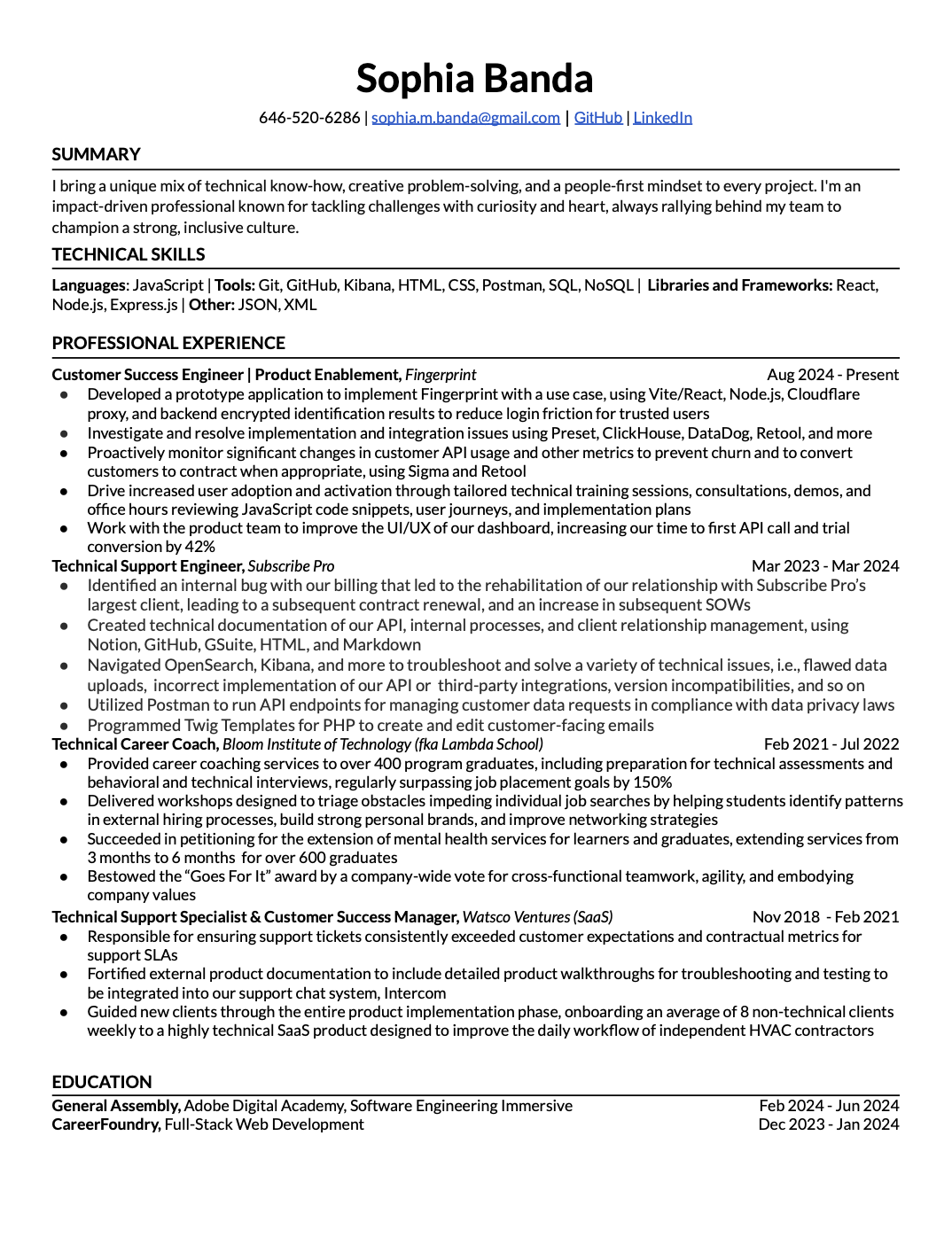 A screen capture of Mrs. Banda's resume