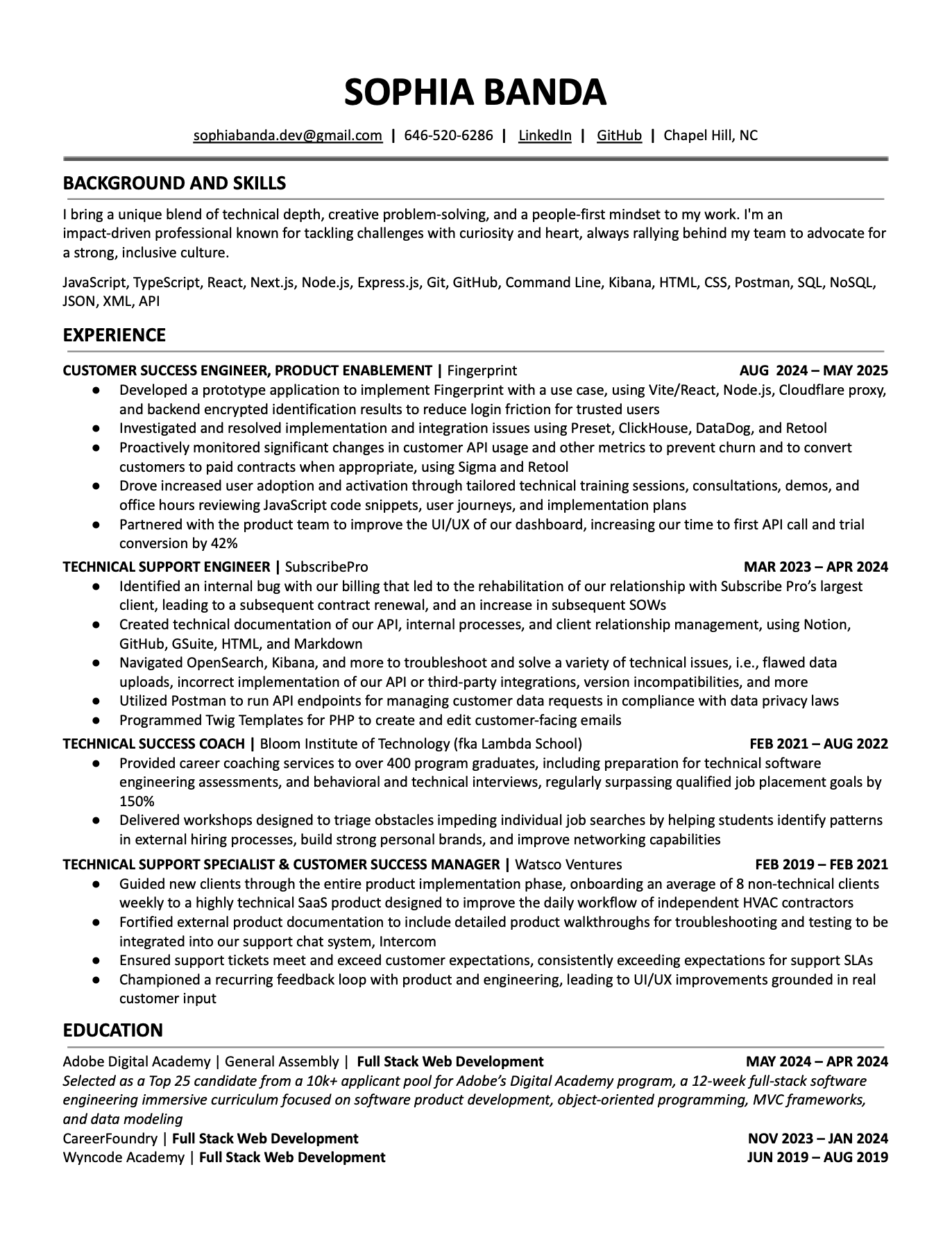 A screen capture of Mrs. Banda's resume